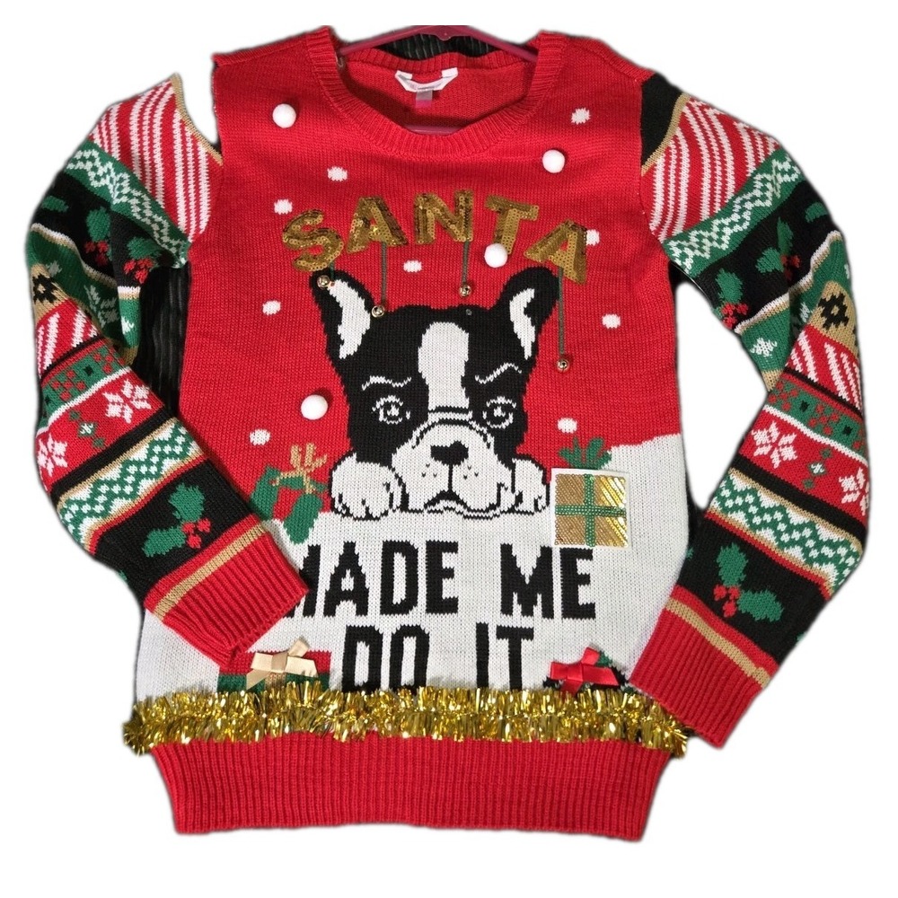No Boundaries Santa Made Me Do It Boston Terrier Ugly Christmas Sweater Sz Small